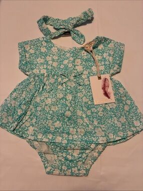Jessica Simpson Teal Floral Baby One-Piece with Headband